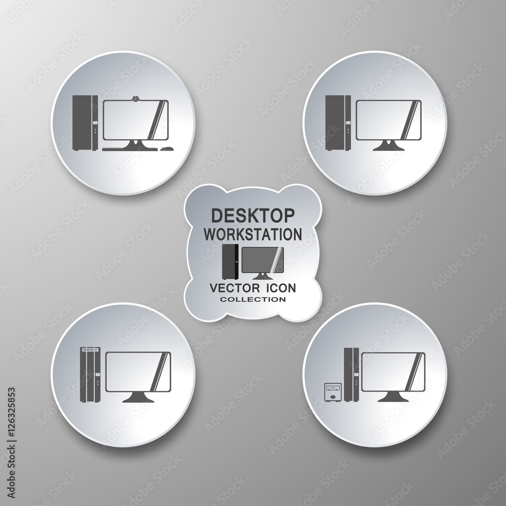 Vector collection of desktop workstation icons in gray and white with ...