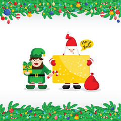 Wall Mural - Merry Christmas greeting card with Santa Claus and christmas elf vector illustration. Santa with giftbox and message - Merry Xmas. Light decoration, garland frame, christmas toys. Cartoon characters