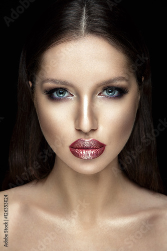 Beautiful woman portrait with shiny lipstick. Plakat