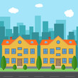 © dniprodd - Vector city with cartoon houses and buildings. City space with road on flat style background concept. Summer urban landscape. Street view with cityscape on a background