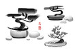 Set of Bonsai pine trees hand-drawn with ink in traditional Japanese style sumi-e. Image contains hieroglyphs 