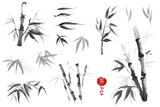 Bamboo leaves set. Watercolor and ink illustration in style sumi-e. Oriental traditional painting.