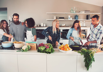 Six mixed Black and Caucasian friends cooking food