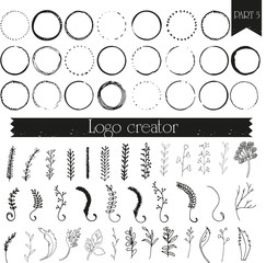 Wall Mural - Vintage, hipster handdrawn logo elements with hand drawn circles. Design your own vintage logo. Retro logotype templates. Logo design isolated on background and easy to use. 