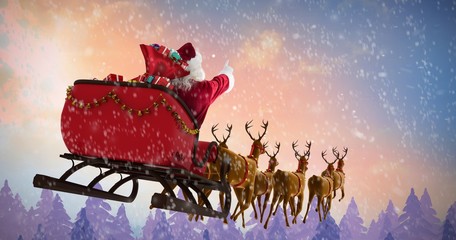 Wall Mural - Composite image of santa claus riding on sleigh with gift box