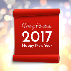 Wall Mural - Merry Christmas and Happy New Year 2017. Holiday Vector bokeh background with red paper scroll.