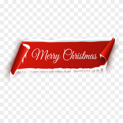 Sticker - Red realistic detailed curved paper Merry Christmas banner with snow and icicles isolated on transparent background. Vector