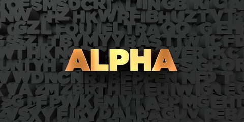 Alpha - Gold text on black background - 3D rendered royalty free stock picture. This image can be used for an online website banner ad or a print postcard.