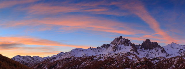 Poster - Colorful sunrise and snow covered mountains during an autumn morning in the Claree valley, France.