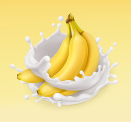 Banana and milk splash. Fruit and yogurt. Realistic illustration. 3d vector icon