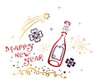 Frohes neues Jahr. Silvester Party Bild mit Feuerwerk, Klee und Sektflasche.