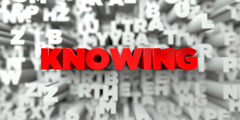 knowing - red text on typography background - 3d rendered royalty free stock image. this image can b