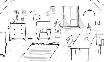 Interior of a living room. Hand-drawn sketch. Vector illustration.