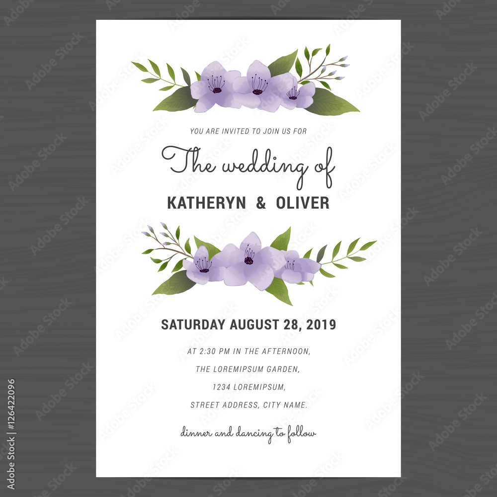 Wedding invitation card decorate with purple flower bouquet template ...