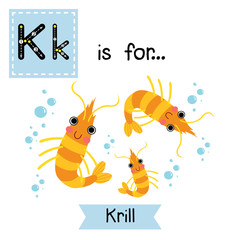 Wall Mural - K letter tracing. Krill. Cute children zoo alphabet flash card. Funny cartoon animal. Kids abc education. Learning English vocabulary. Vector illustration.