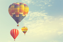 Hot Air Balloon On Sun Sky With Cloud, Vintage And Retro Instagram Filter Effect Style