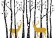 Birch trees with gold Christmas reindeer, vector