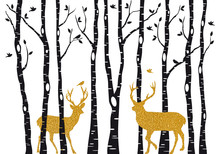 Birch Trees With Gold Christmas Reindeer, Vector