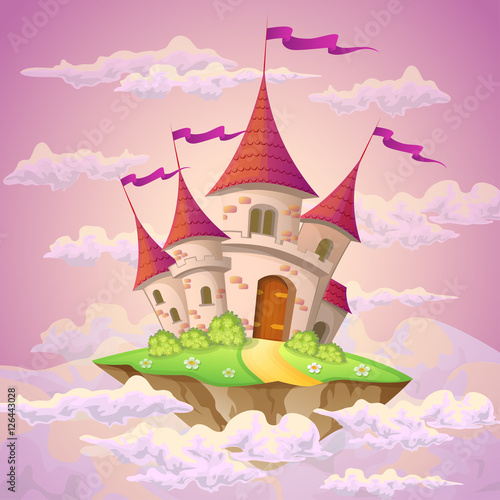 Fantasy flying island with fairy tale castle in clouds