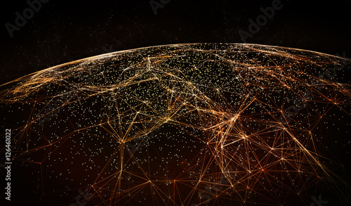 Plakat Global International Connectivity Background / Connection lines Wokół globu Ziemi, Futurystyczna technologia Motyw tła z efektem świetlnym