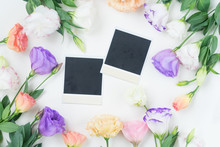 Pink, White And Violet Eustoma Flowers Frame With Instant Photos