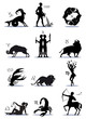 Signs Greek Zodiac Horoscope, Illustration, Silhouettes, Symbols. Icons, Vector, Isolated on background.