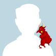 Blank male avatar or profile picture with devil conscience character on his shoulder advising him.