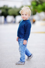 Cute little boy walking on cloudy autumn or spring day