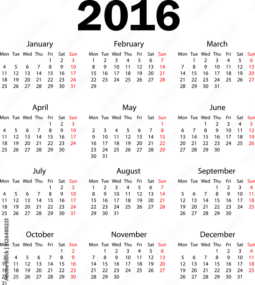 Fotomural Calendar 16 Starting From Monday Ref