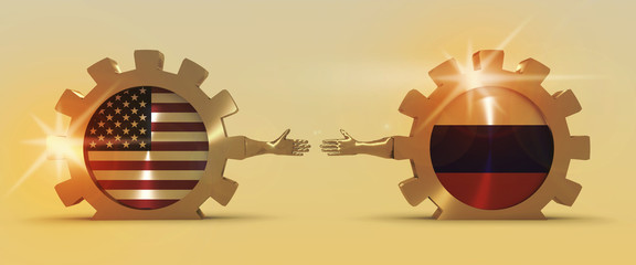 Wall Mural - Web Banner, Header Layout Template. Politic and economic relationship between USA and Russia. National flags on golden cog wheels. 3D rendering