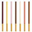 Vector illustration of chocolate dipped cookie sticks on white background. White and brown chocolate snacks. Pepero.