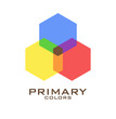 Three hexagons of primary colors blue, red, yellow and mixing of them. Vector illustration