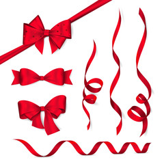 Wall Mural - Vector set of shiny red ribbons and bows. Collection of realistic elements for your design gift card or invitation. Isolated from the background.
