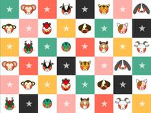 Colorful Chinese Zodiac 12 Animal Signs Chess Board Diamond Background Vector Illustration