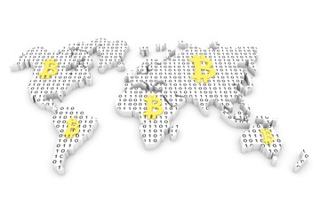 Wall Mural - bitcoin world map binary code 3d illustration