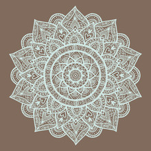 Outline Mandala On Brown Background. Decorative Round Ornament. Weave Design Element. Yoga Logo, Background For Meditation Poster. Unusual Flower Shape. Oriental Vector.