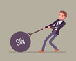 Businessman dragging a weight Sin on chain
