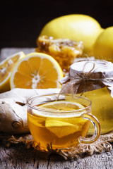 Wall Mural - Useful tea against colds with honey, lemon and ginger. Vintage w