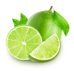 Canvas Print - Group of fresh limes and cut with leaves isolated on white background, with clipping path