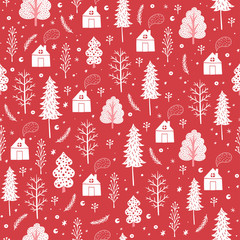 Cozy christmas seamless pattern made of winter trees, houses and snowflakes in vector. Seamless pattern can be used for wallpapers, pattern fills, web page backgrounds,surface textures.