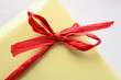 Red Raffia Bow on Yellow Gift Wrapped Package
