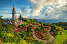 Beautiful Landscape Of Two Pagoda On The Top Of Doi Inthanon National Park, Chiang Mai, Thailand.