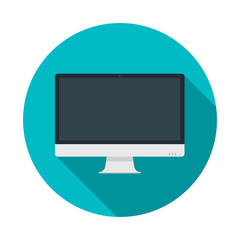 Computer pc monitor web logo icon. Round web button with monitor icon in flat style with shadow on a blue background. Vector isolated illustration.