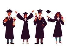 Set Of Black Students In Traditional Caps And Gowns Celebrating Successful Graduation, Cartoon Style Illustration Isolated On White Background. African American Students Graduating From University