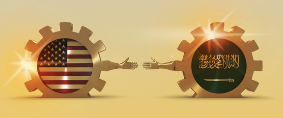 Wall Mural - Web Banner, Header Layout Template. Politic and economic relationship between USA and Saudi Arabia. National flags on golden cog wheels. 3D rendering
