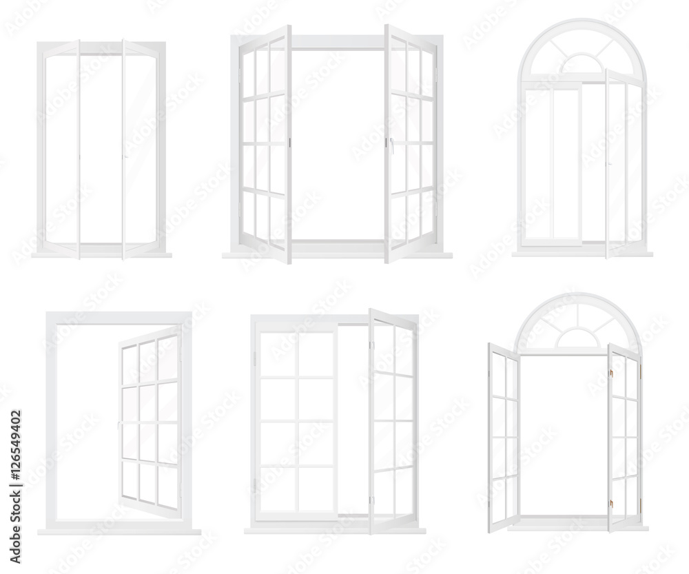 Different types of windows. Realistic decorative windows icons set. の ...