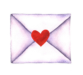 Love letter in an envelope painted in watercolor on a white background isolated. Envelope with Heart. Valentine's Day, Charity, Love Print. Watercolor Illustration