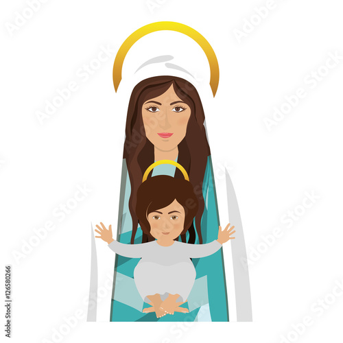 Cartoon Virgin Mary With Baby Jesus In Her Arms Over White