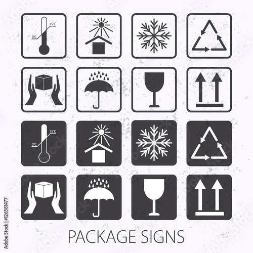 Vector Packaging Symbols On Vector Grunge Background Icon Set Including Fragile This Side Up Handle With Care Keep Dry And Other Caution Handling Symbols Stock Vector Flat Design Stock Vector Adobe