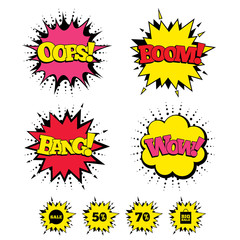 Wall Mural - Comic Boom, Wow, Oops sound effects. Sale speech bubble icon. 50% and 70% percent discount symbols. Big sale shopping bag sign. Speech bubbles in pop art. Vector